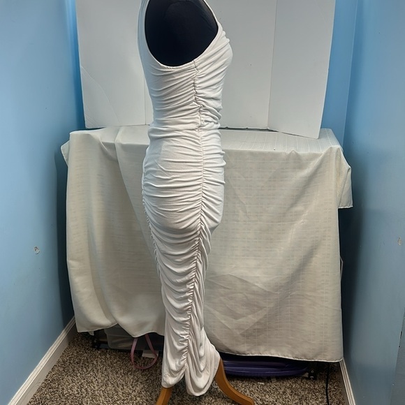 Blanc Noir full length ruched moc neck dress in white. - Picture 3 of 9